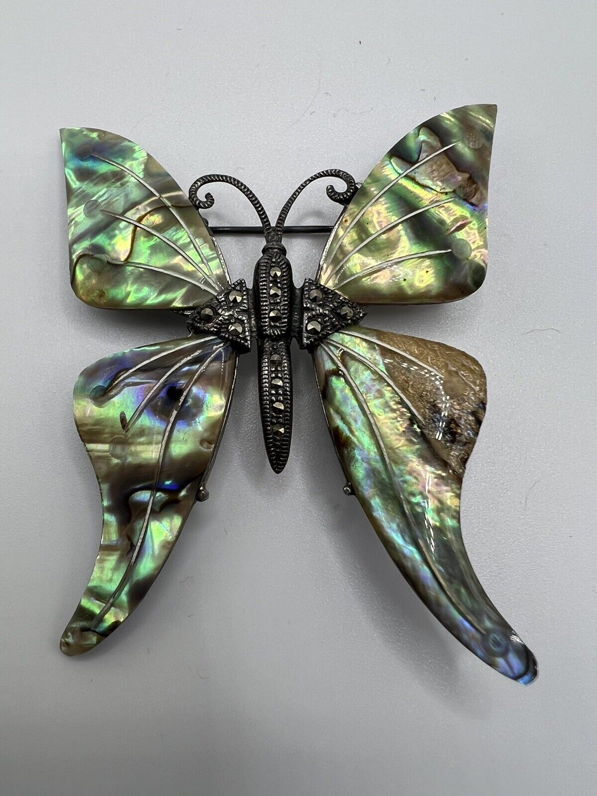 Butterfly Brooch Sterling 925 & Marcasite Abalone… - image 6