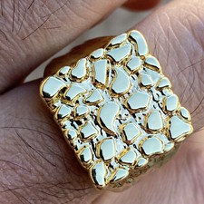 Men's 14K Gold Plated Nugget Ring 20MM Square Hip Hop Rapper Pinky Rings SZ 6-12