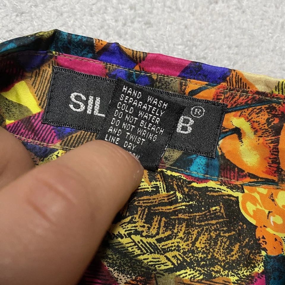 Camisa de seda vintage para hombre grande con estampado de frutas para fiesta cesta de frutas botones años 90 Foto 3 de 4