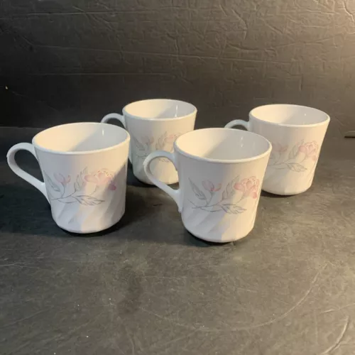 Set of 4  Corelle Corning mug cup   Pink Trio  Coffee Tea Swirl Flowers Floral
