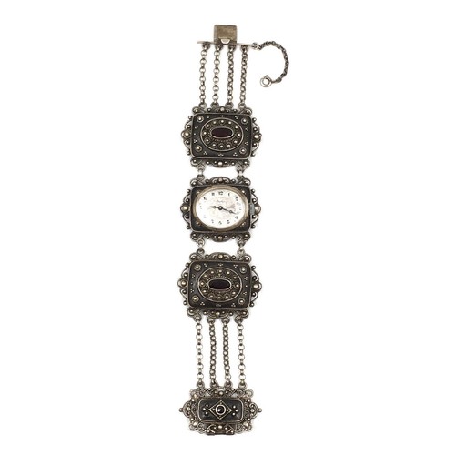 Trachten Armbanduhr 18cm Bergland Handaufzug 835 Silber Damen Uhr Granat 38mm - Picture 6 of 22
