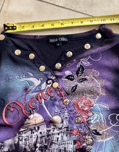 Boho Chic Womens Hi Low Top Black Purple Artistic Decorative 3/4 Sleeve Sz Large - Picture 11 of 19