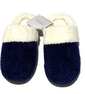 Ulta Idea Slippers Mule Slip On Chenille Navy Faux White Fur Inside Size 7-8 New