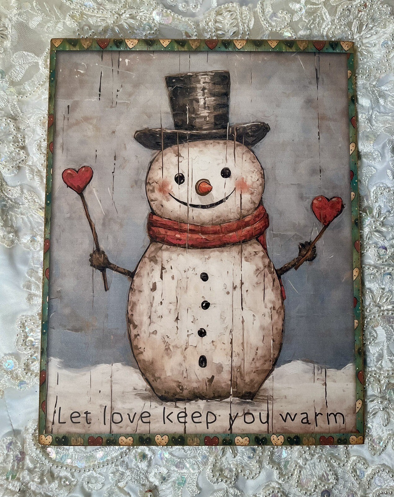 Snowman  Love Hearts   Primitive Folk Art Handcrafted Plaque  Sign
