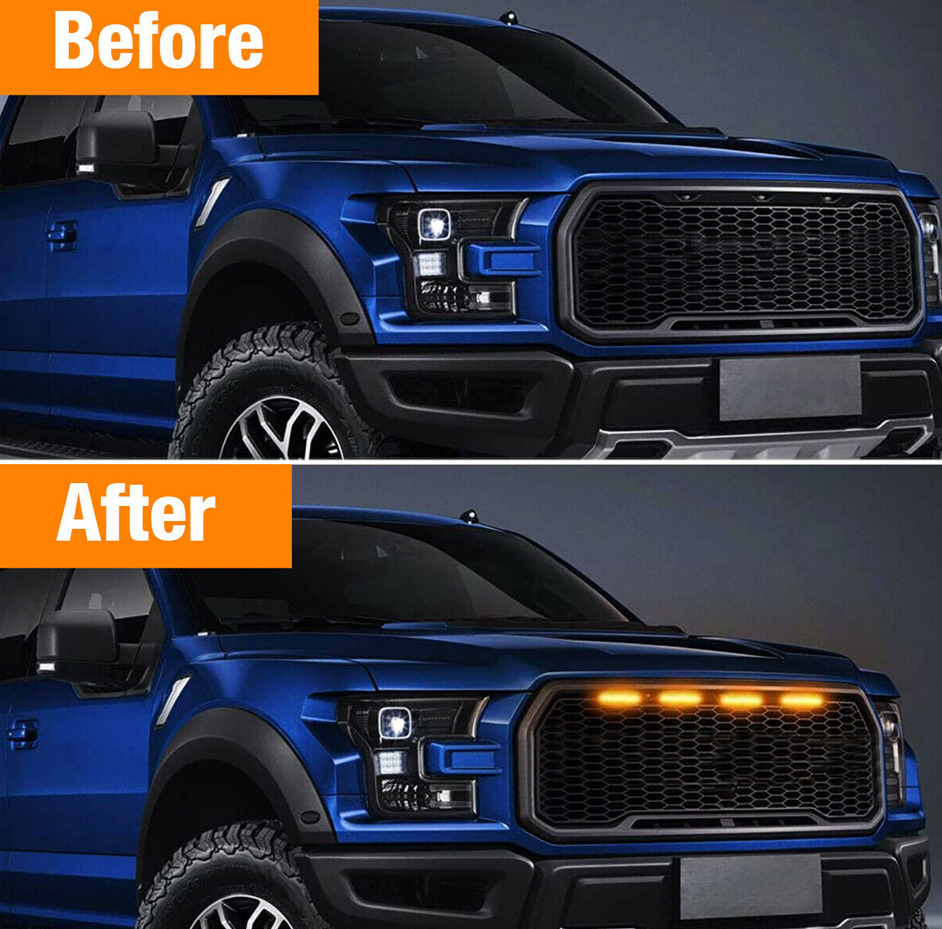 4X Amber Smoked LED Front Grille Grill Running Lights For Ford F150 Raptor Style