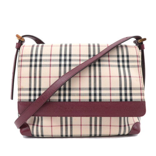 BURBERRY Nova Plaid Canvas Leather Shoulder Bag Beige Bordeaux Authentic