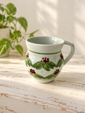 Derek Emms Studio Pottery Mug Hand Painted Floral Berry Design British Pottery