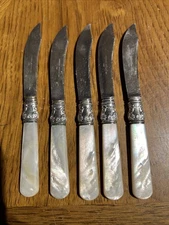 Lot of 5 Mother of Pearl Handles Fruit Knives Meriden Cutlery 1855 Band Sterling