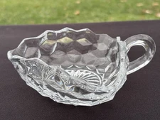 Fostoria Clear Glass  American 3 Cornered Handled Nappy Bowl Very Good Used Cond