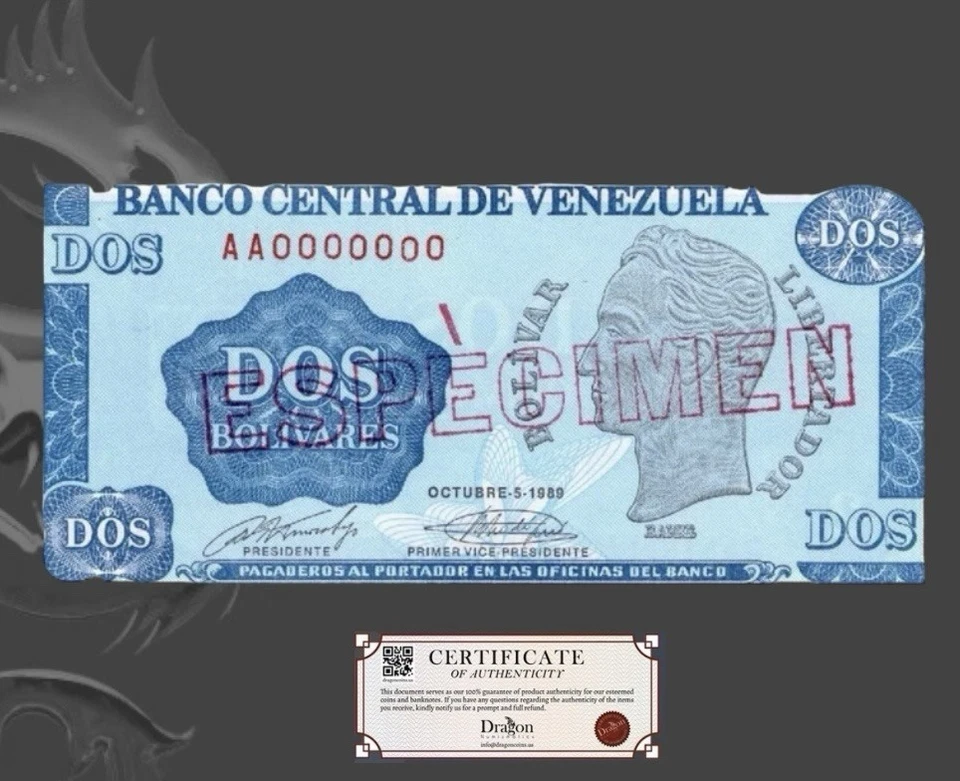 Venezuela UNC Note 2 Bolivares 1989 Specimen Emergency Note *Tinoquito* New - Image 3 of 4