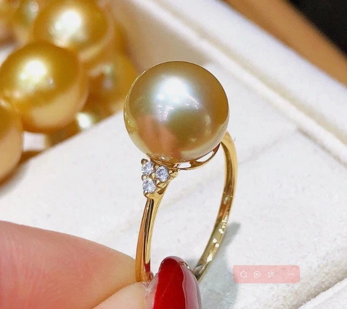 ENORME ANILLO DE PERLAS REDONDAS DORADAS AAAA+10-11 mm de diseñador TAMAÑO ajustable Foto 3 de 4