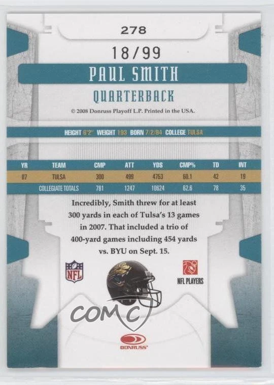 2008 Leaf Limited Phenoms Spotlight Silver /99 Paul Smith #278 - Image 2 of 2