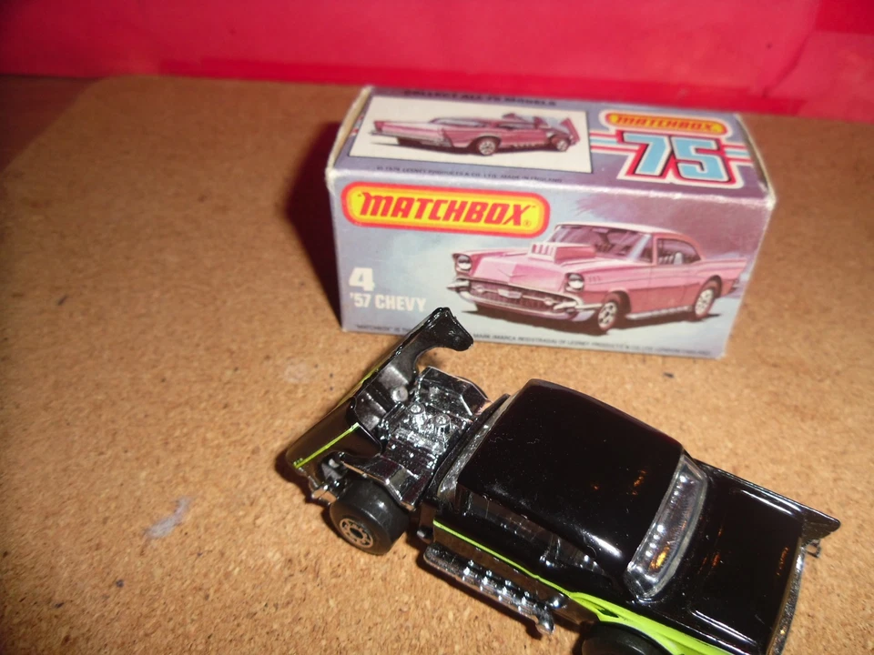 HTF U.S. Issue Matchbox 75 #4-'57 Chevy,Rare Black+Neon Yellow Design,MIEB,NOS. - Image 4 of 4