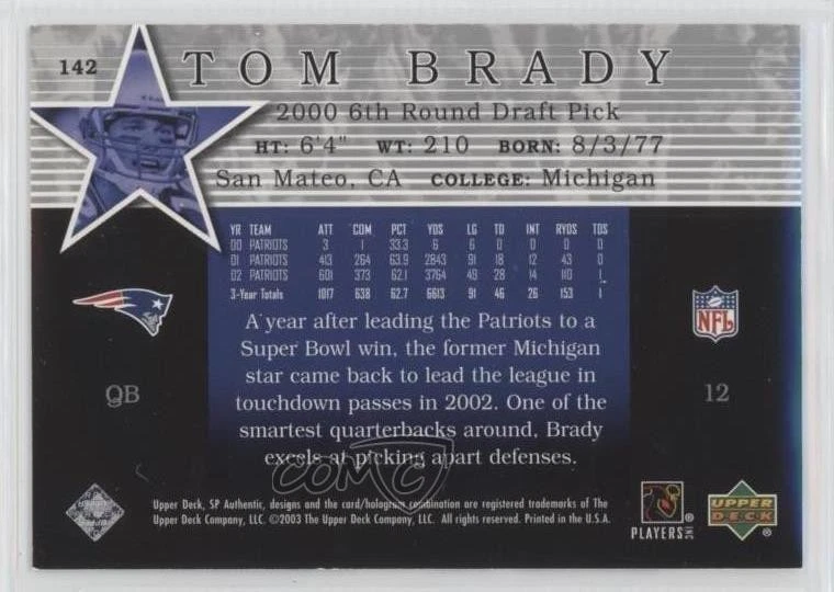 2003 SP Authentic Star Status /1200 Tom Brady #142 - Image 2 of 2