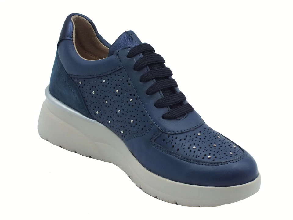 Melluso Walk K55446 Navy Sneakers per Donna in pelle con lacci e lampo zeppa bas - Immagine 2 di 3