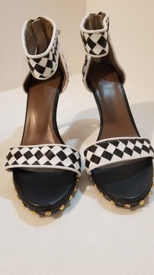 Givenchy Black And White Woven Leather Studded Ankle Strap Heels