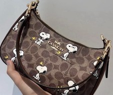 Coach Peanuts Snoopy Woodstock Brown Logo Small Crescent Zip Shoulder Bag