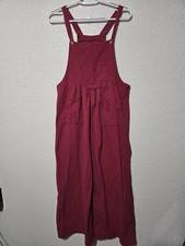 Red Cotton Blend Overall Jumpsuit Women's Sleeveless Wide-Leg Button Pockets