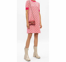 Gucci Pink GG Monogram Wool Knit Short Sleeve A-Line Knee Dress Size L