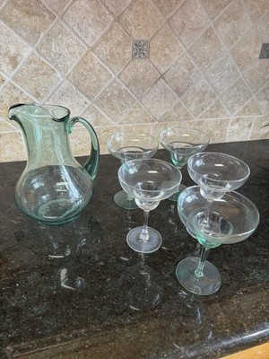 Hand Blown Aqua Green Glass Pitcher w/ 5 Margarita Glasses Mixed Set