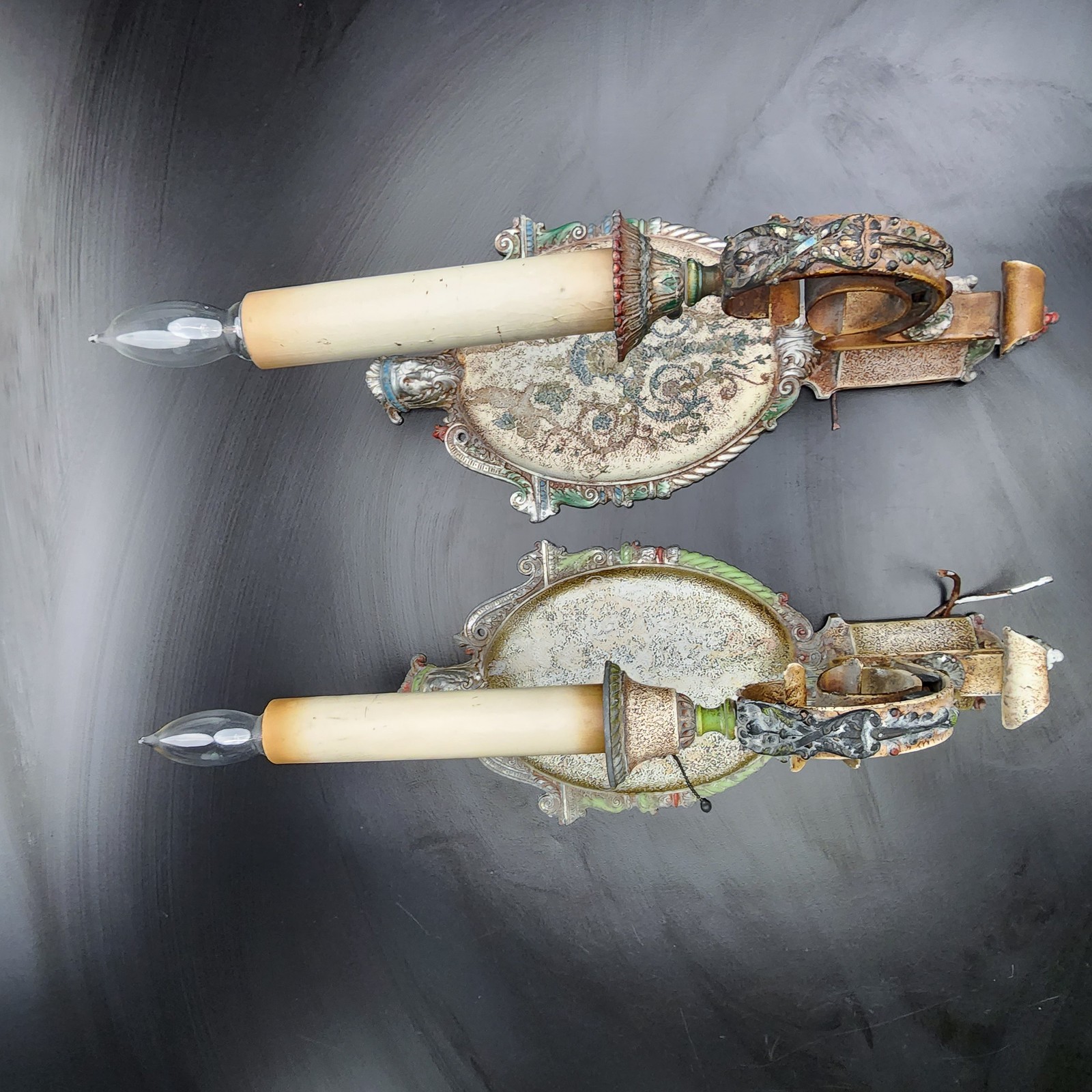 HTF Fit for a Castle: Spanish Revival Light Sconces E. Riddle Co Painted Cherubs