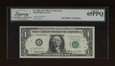 DBR 1963-A $1 FRN Boston STAR Gem Fr. 1901-A* Legacy 65 PPQ Serial A10678771* - Image 1 of 2