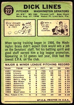 1967 Topps Rookie #273 Dick Lines Washington Senators RC Baseball
