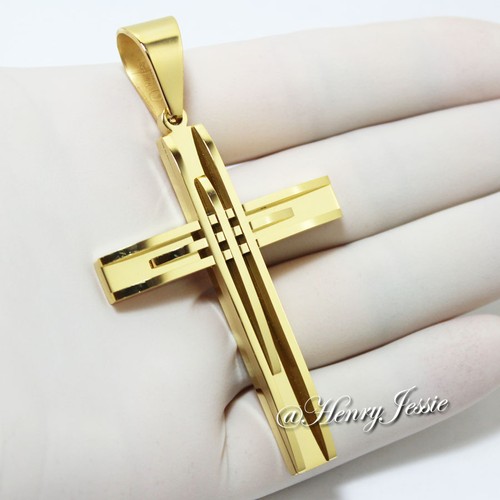 18"-40"MEN Stainless Steel 10mm Gold Plated Puffed Mariner Chain Cross Pendant*A - Picture 2 of 4