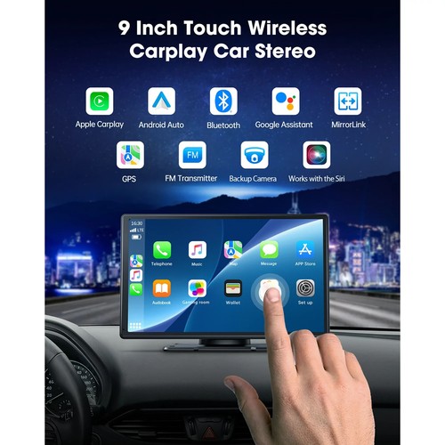 LAMTTO 9" Portable Wireless Carplay Car Stereo with 2.5K Dash Cam 64GB Brand New - Picture 10 of 16