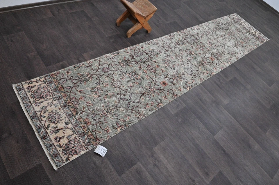 Alfombra de corredor turca vintage 2x11 pies lana anatolia hecha a mano pasillo Oushak GRIS Foto 2 de 4