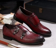 Men's fashionable double buckle slip-on pointed toe handmade leather shoes