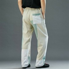 Men Cotton Linen Pant Splice Patch Straight Leg Trouser Elastic Waist Casual