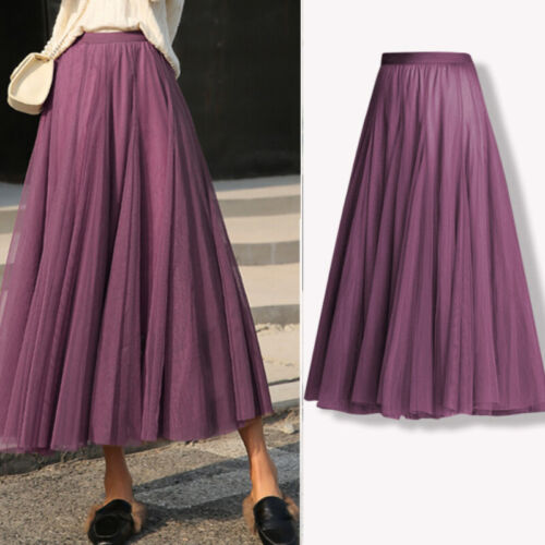 Damen Netz Lang Röcke Groß Swing Netzgewebe Tüll Elastisch Hoch Bund Midi Solid - Bild 6 von 31