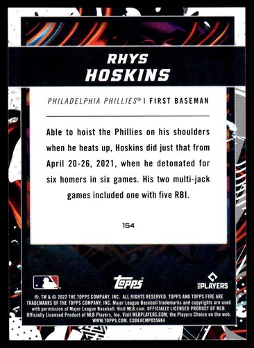 2022 Topps Fire #154 Rhys Hoskins - Philadelphia Phillies - Picture 2 of 2