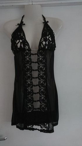 ANN SUMMERS SEXY BLACK FINE MESH,LACE&DIAMANTE TRIM NIGHTIE DRESS BABYDOLL SZ M - Picture 1 of 6