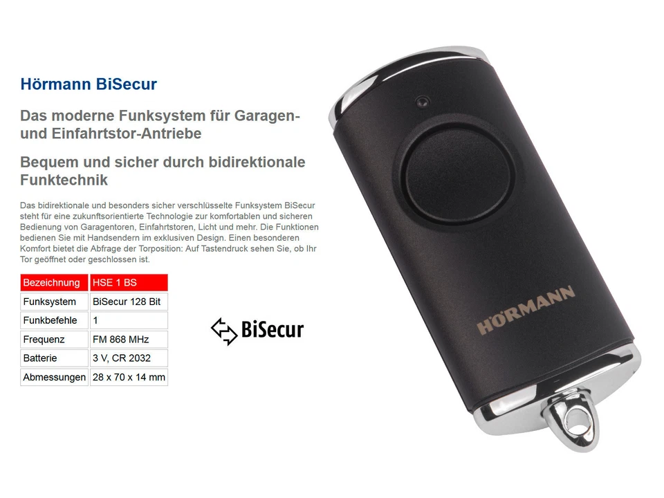 Hörmann HSE1 BS Schwarz Matt 1-Befehl Handsender BiSecur 868 Mhz 4511730 - Bild 4 von 4