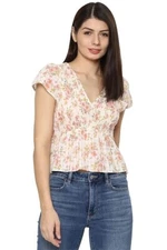 AMERICAN EAGLE Short Sleeve Smocked VNeck Crop Top Floral Y2K Cottage Size S NWT
