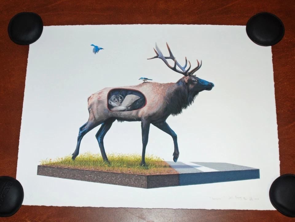 Pôster Josh Keyes arte impressão incubada 2010 vida selvagem veado alce P/# 50 lobo - Imagem 2 de 4