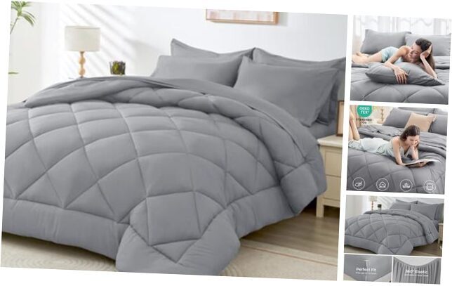 7 Pieces Comforter Set, All Season Reversible Bed in a Bag Full Light Gray