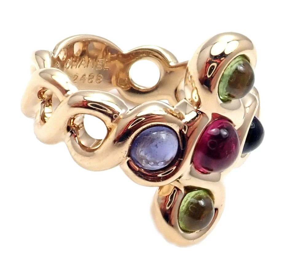 Authentic! Chanel 18k Yellow Gold Pink Green Tourmaline Ring sz 4.5 - Image 3 of 4