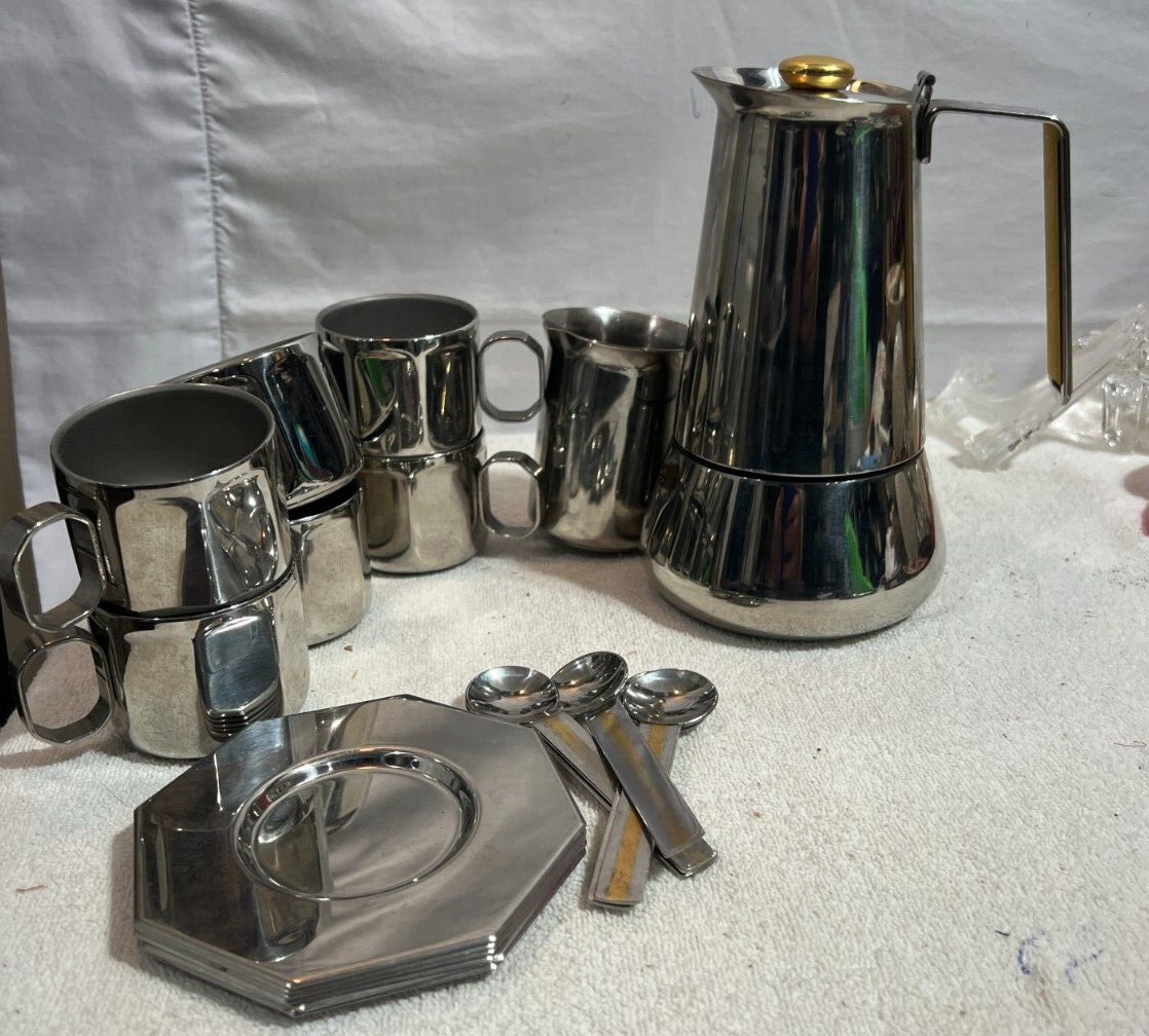 G2U Zepter Italy Stainless steel Coffeemaker Creamer 6 Espresso Cups Saucers Spo