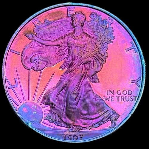 American Silver Eagle Proof 1997 999 Silver Monster Rainbow Toning Uncirculated