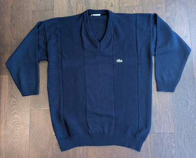 Vintage Chemise Lacoste Sweater XL France Navy Blue V-Neck Textured Knit Logo