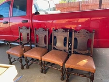 SPANISH REVIVAL 1920'S WOODEN CARVED CHAIRS SET OF 4 WITH MASTER CHAIR!