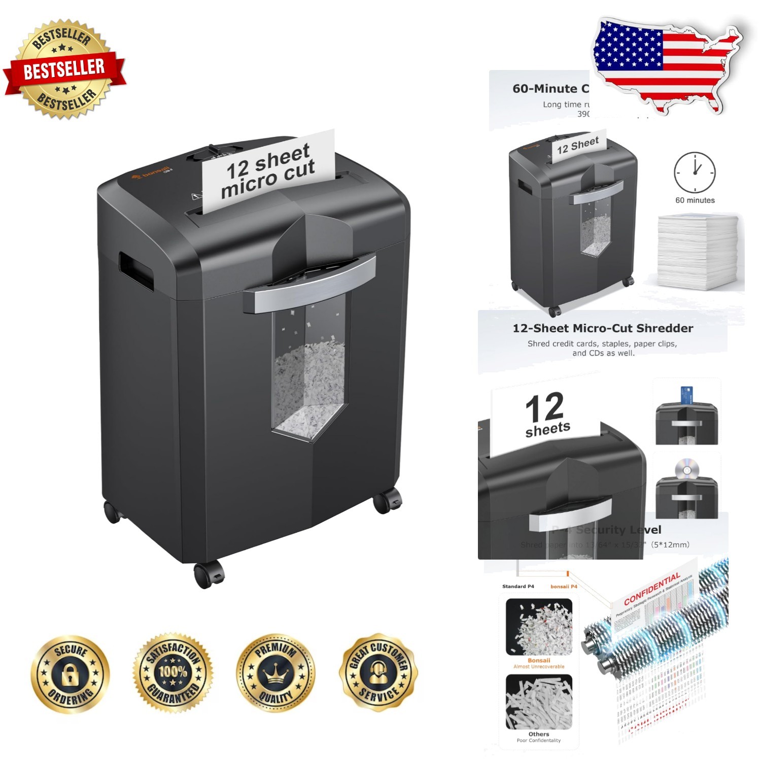 High-Security Micro-Cut Shredder: 12 Sheets, 60 Min, Jam-Proof, Quiet Operation