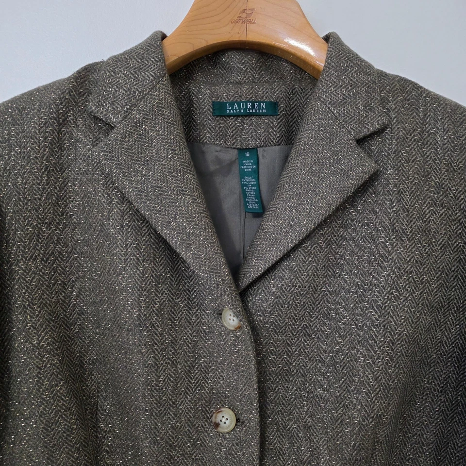 Lauren Raplh Lauren Linen Blazer Sz 16 Gold Sparkle Holiday Herringbone Jacket - Image 4 of 4