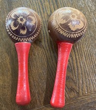 Vintage Hand-Carved Wooden Maracas Pair   Red Handles   Folk Art Percussion