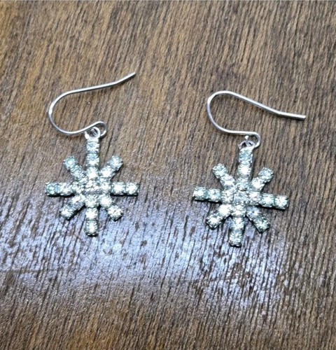 Vintage Rhinestone Dangle Snowflake Earrings Pierced - Picture 2 of 6