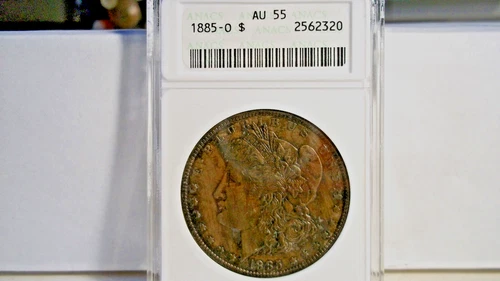 1885-O Morgan ANACS AU55 Vintage Old Soap Box Holder Nicely Toned Perfect Holder