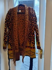 Orange leopard print long cardigan with black belt M frills